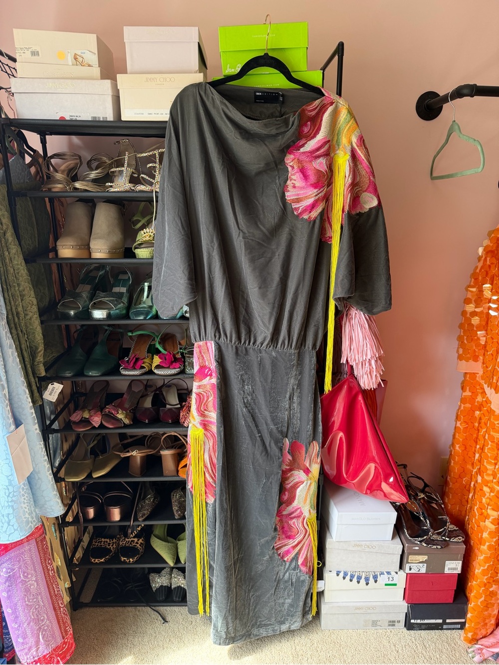 ASOS Grey Maxi Dress with Pink Floral Appliqués and Yellow Fringe